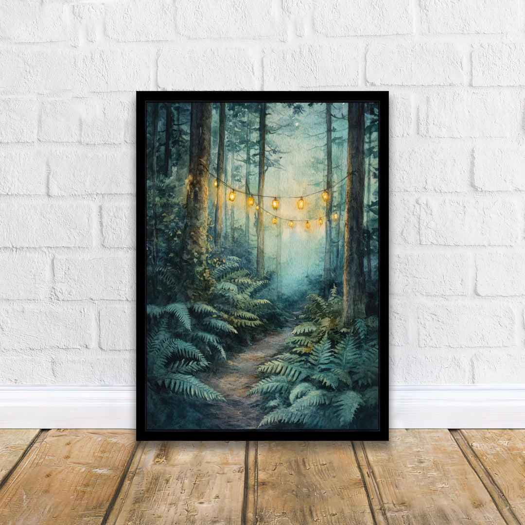 Lantern Trail Through Ferns Watercolor Print Cottagecore Decor Dark Academia Art Enchanted Illustration Vintage Nature Wall Art