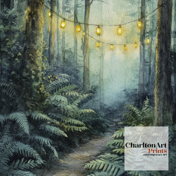 Lantern Trail Through Ferns Watercolor Print Cottagecore Decor Dark Academia Art Enchanted Illustration Vintage Nature Wall Art