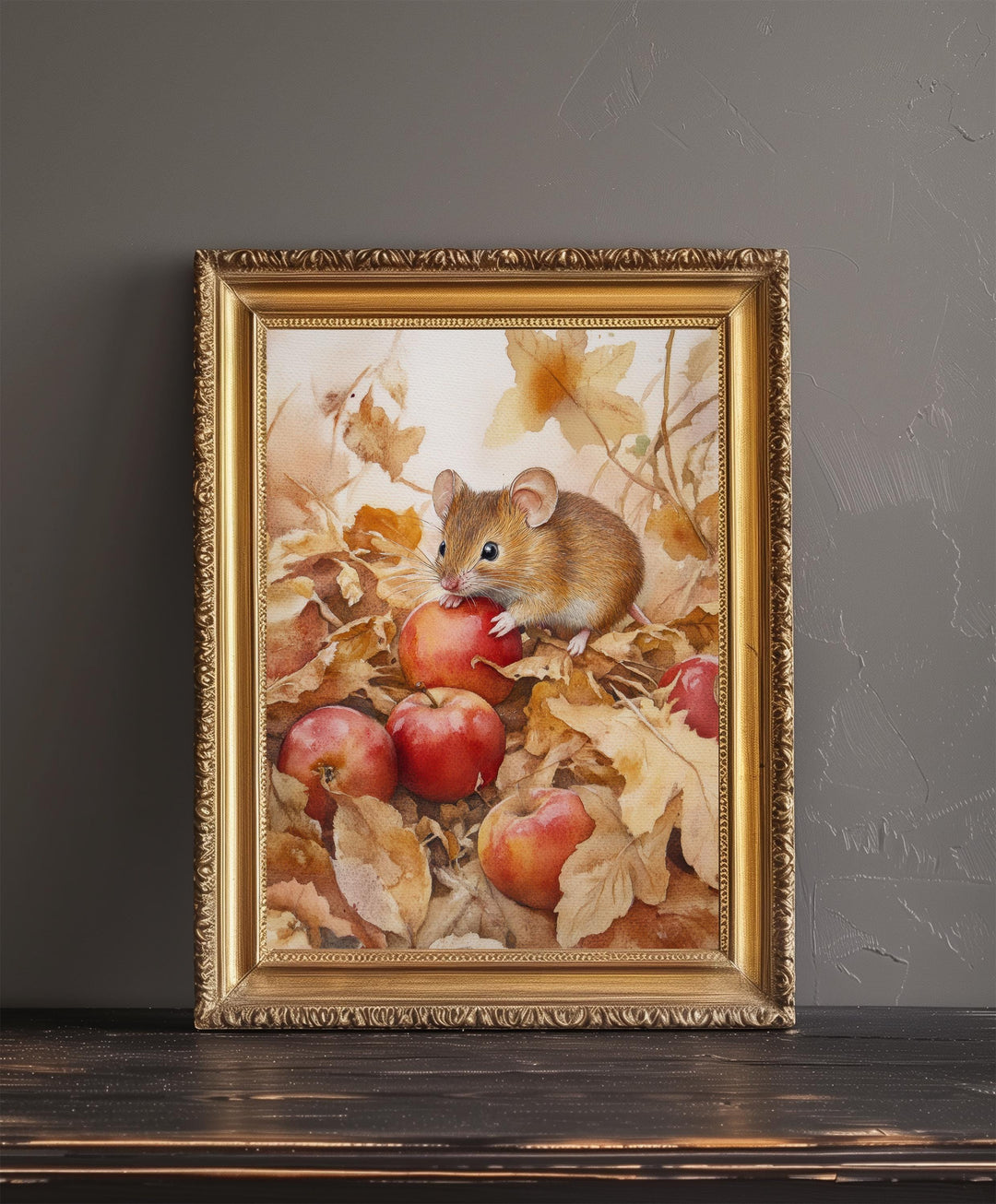 Mouse Among Fallen Apples Watercolor Print Cottagecore Decor Dark Academia Art Enchanted Wildlife Illustration Vintage Nature Wall Art