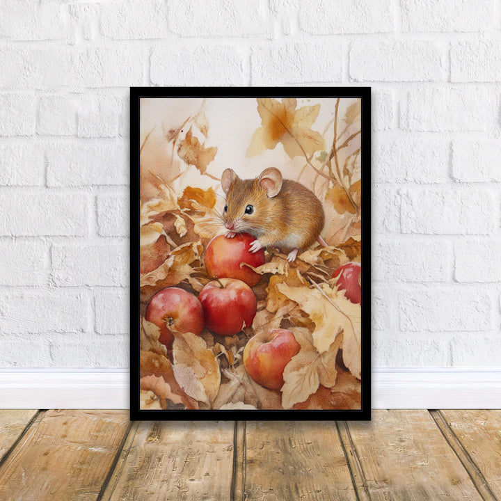 Mouse Among Fallen Apples Watercolor Print Cottagecore Decor Dark Academia Art Enchanted Wildlife Illustration Vintage Nature Wall Art