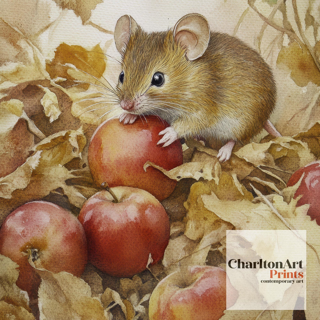 Mouse Among Fallen Apples Watercolor Print Cottagecore Decor Dark Academia Art Enchanted Wildlife Illustration Vintage Nature Wall Art