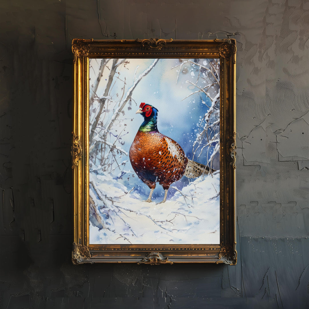 Pheasant in Winter Hedgerow Watercolor Print Cottagecore Decor Dark Academia Art Enchanted Wildlife Illustration Vintage Nature Wall Art