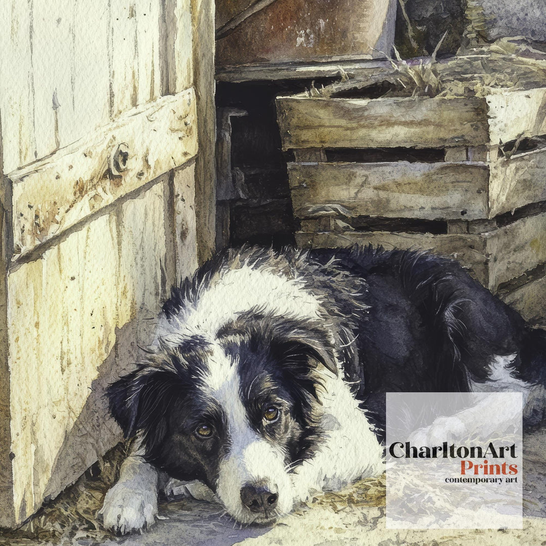 Border Collie Watercolor Print Cottagecore Decor Dark Academia Art Rustic Country Illustration Vintage Wall Art