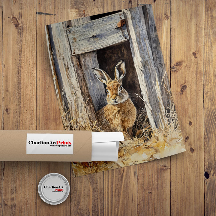 Hare at the Shed Door Watercolor Print Cottagecore Decor Dark Academia Art Enchanted Wildlife Illustration Vintage Nature Wall Art