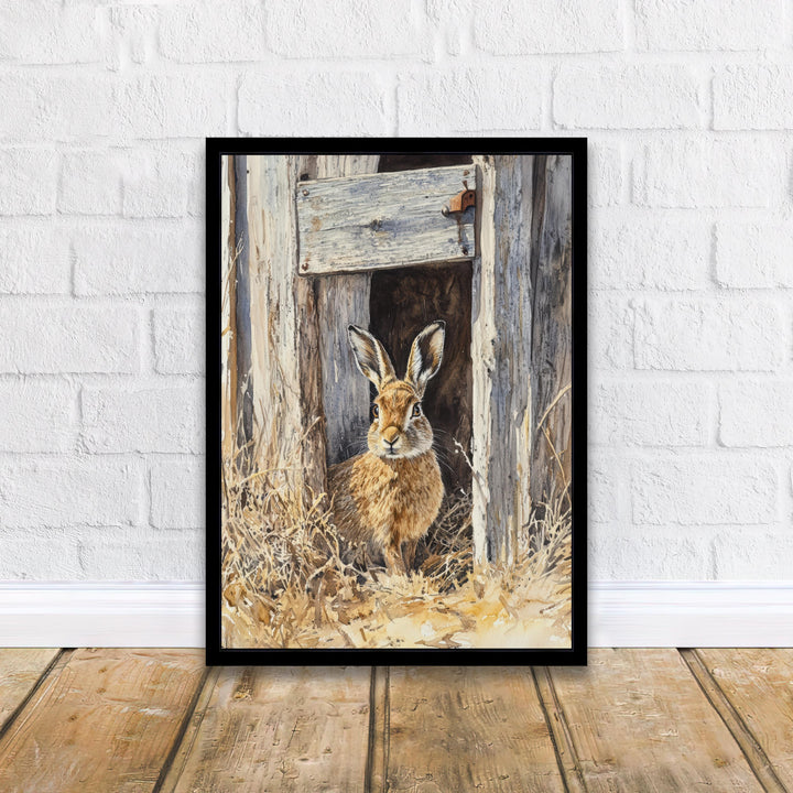Hare at the Shed Door Watercolor Print Cottagecore Decor Dark Academia Art Enchanted Wildlife Illustration Vintage Nature Wall Art