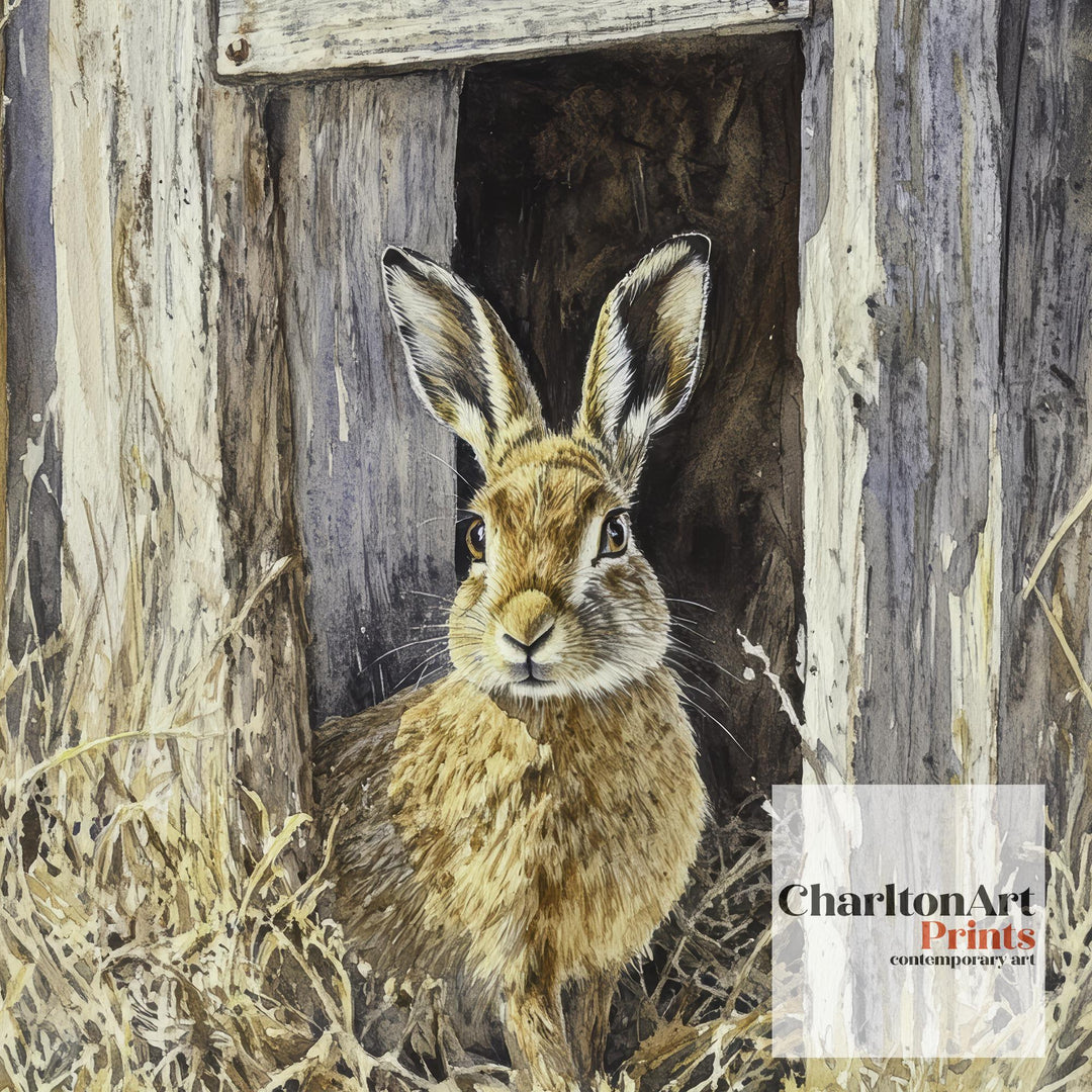 Hare at the Shed Door Watercolor Print Cottagecore Decor Dark Academia Art Enchanted Wildlife Illustration Vintage Nature Wall Art