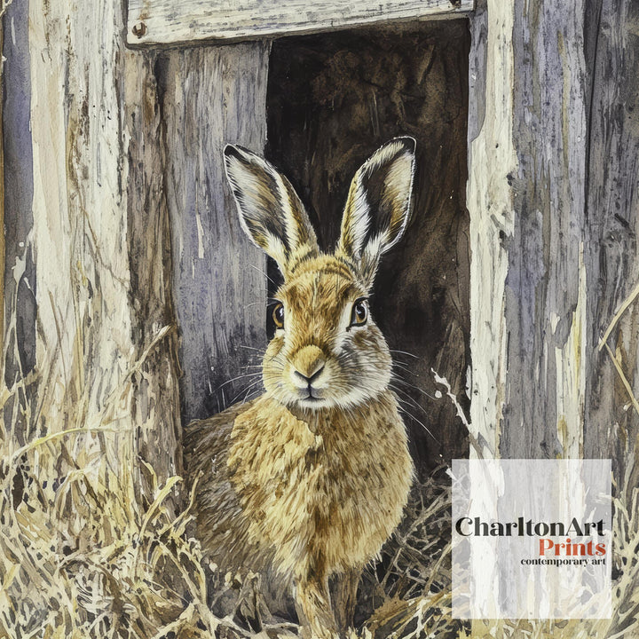 Hare at the Shed Door Watercolor Print Cottagecore Decor Dark Academia Art Enchanted Wildlife Illustration Vintage Nature Wall Art