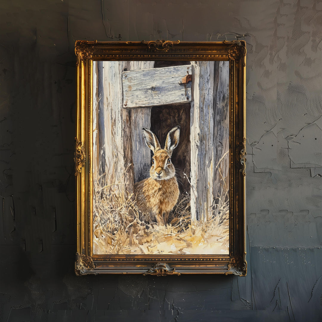 Hare at the Shed Door Watercolor Print Cottagecore Decor Dark Academia Art Enchanted Wildlife Illustration Vintage Nature Wall Art