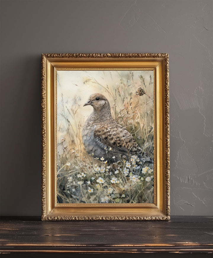 Partridge in the Meadow Watercolor Print Cottagecore Decor Dark Academia Art Enchanted Wildlife Illustration Vintage Nature Wall Art