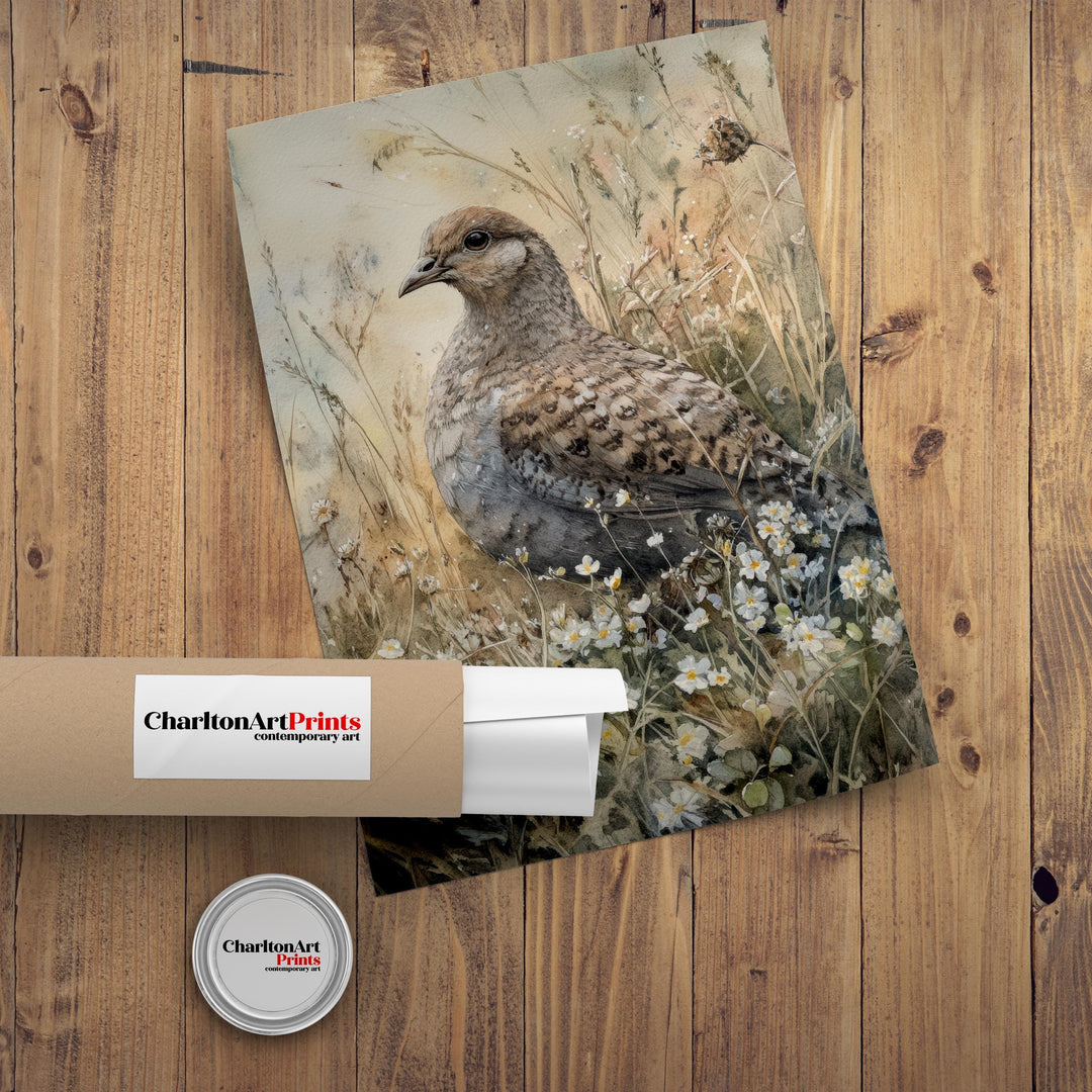 Partridge in the Meadow Watercolor Print Cottagecore Decor Dark Academia Art Enchanted Wildlife Illustration Vintage Nature Wall Art