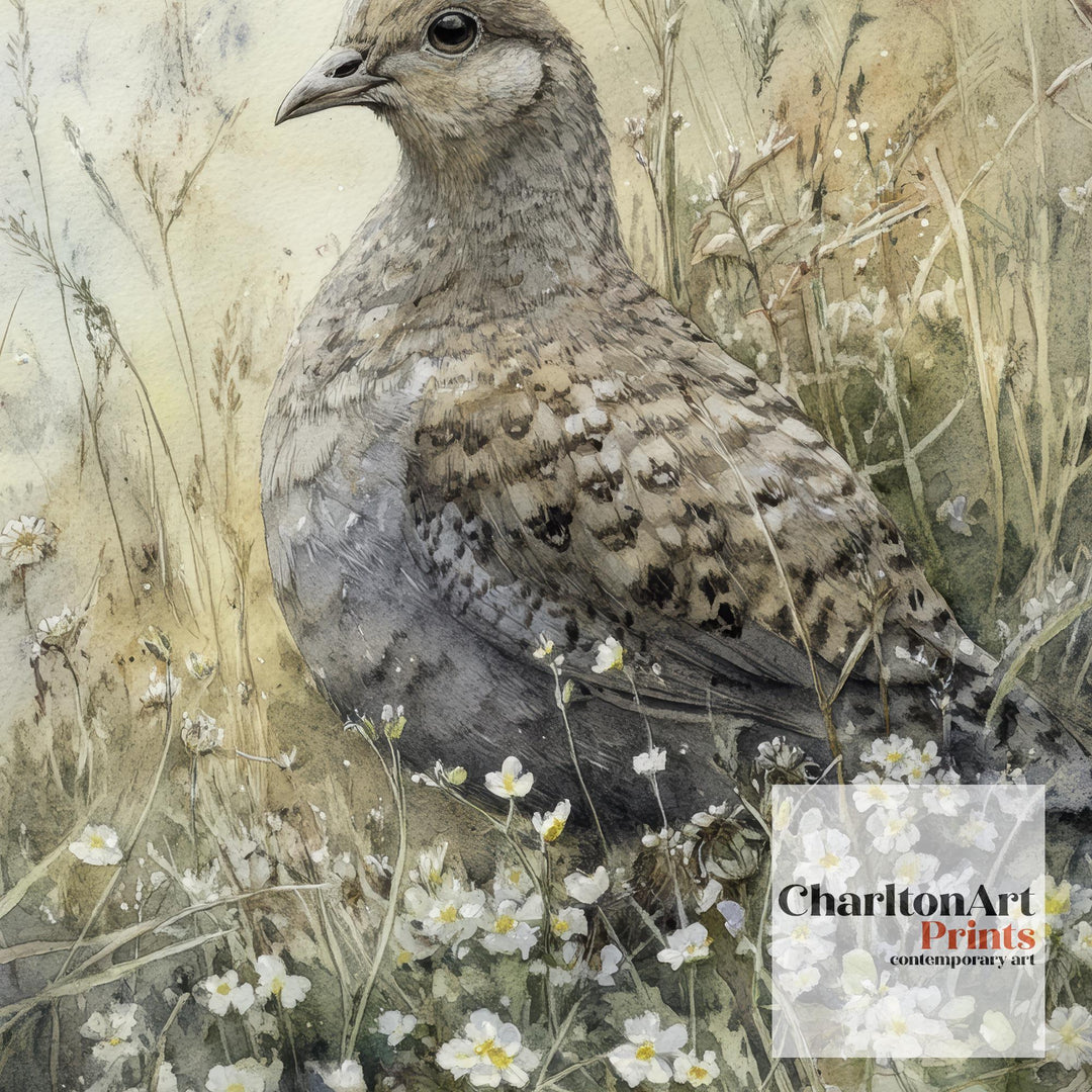 Partridge in the Meadow Watercolor Print Cottagecore Decor Dark Academia Art Enchanted Wildlife Illustration Vintage Nature Wall Art