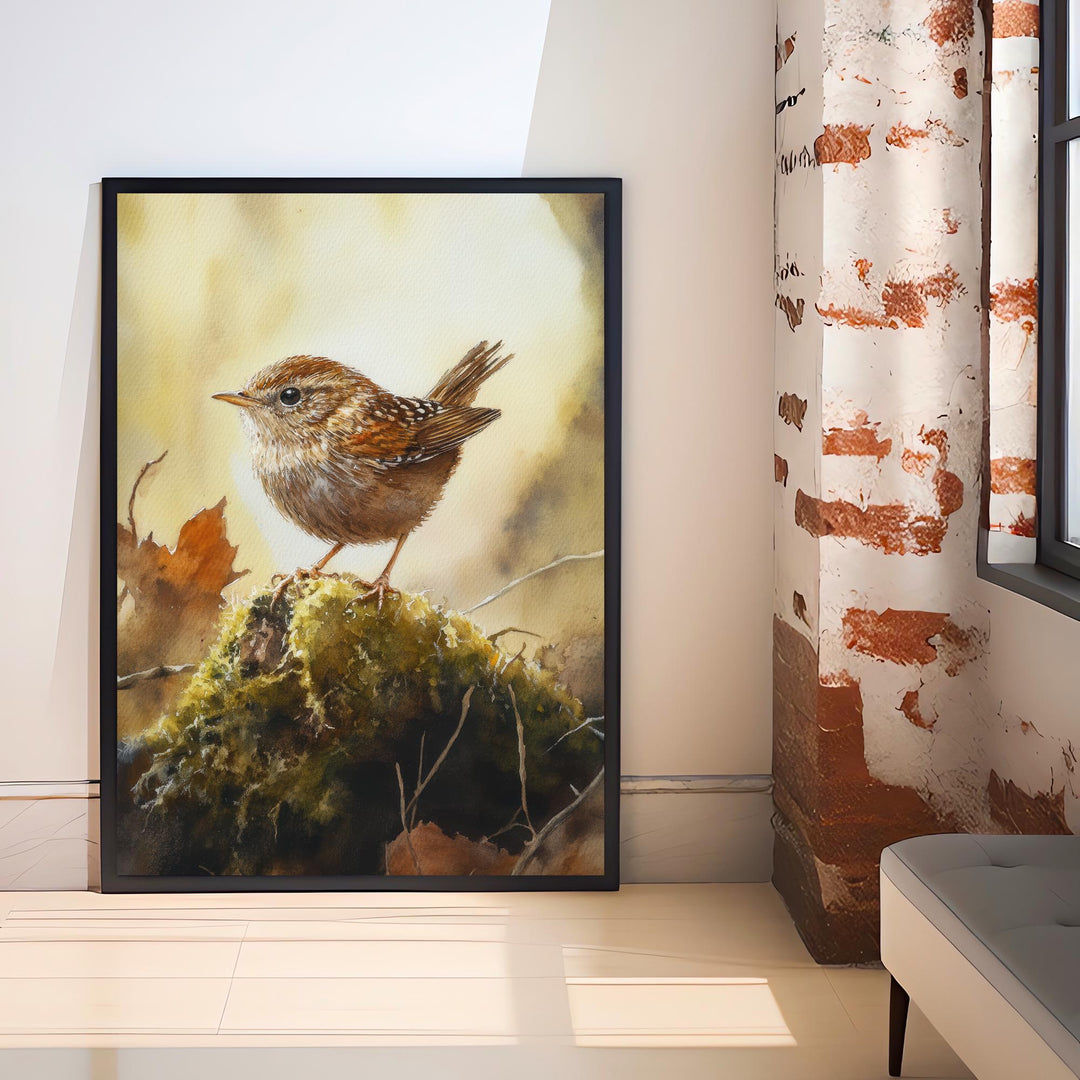 Wren on a Mossy Mound Watercolor Print Cottagecore Decor Dark Academia Art Enchanted Wildlife Illustration Vintage Nature Wall Art