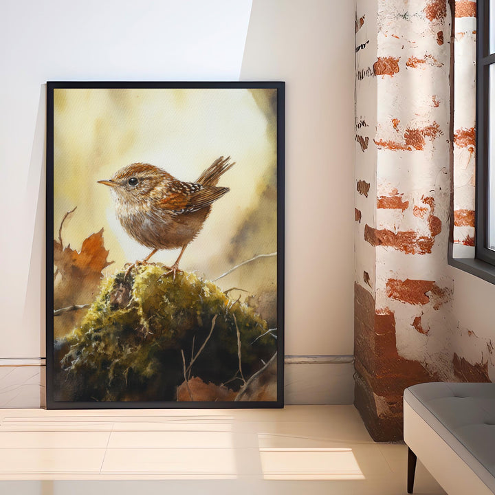 Wren on a Mossy Mound Watercolor Print Cottagecore Decor Dark Academia Art Enchanted Wildlife Illustration Vintage Nature Wall Art