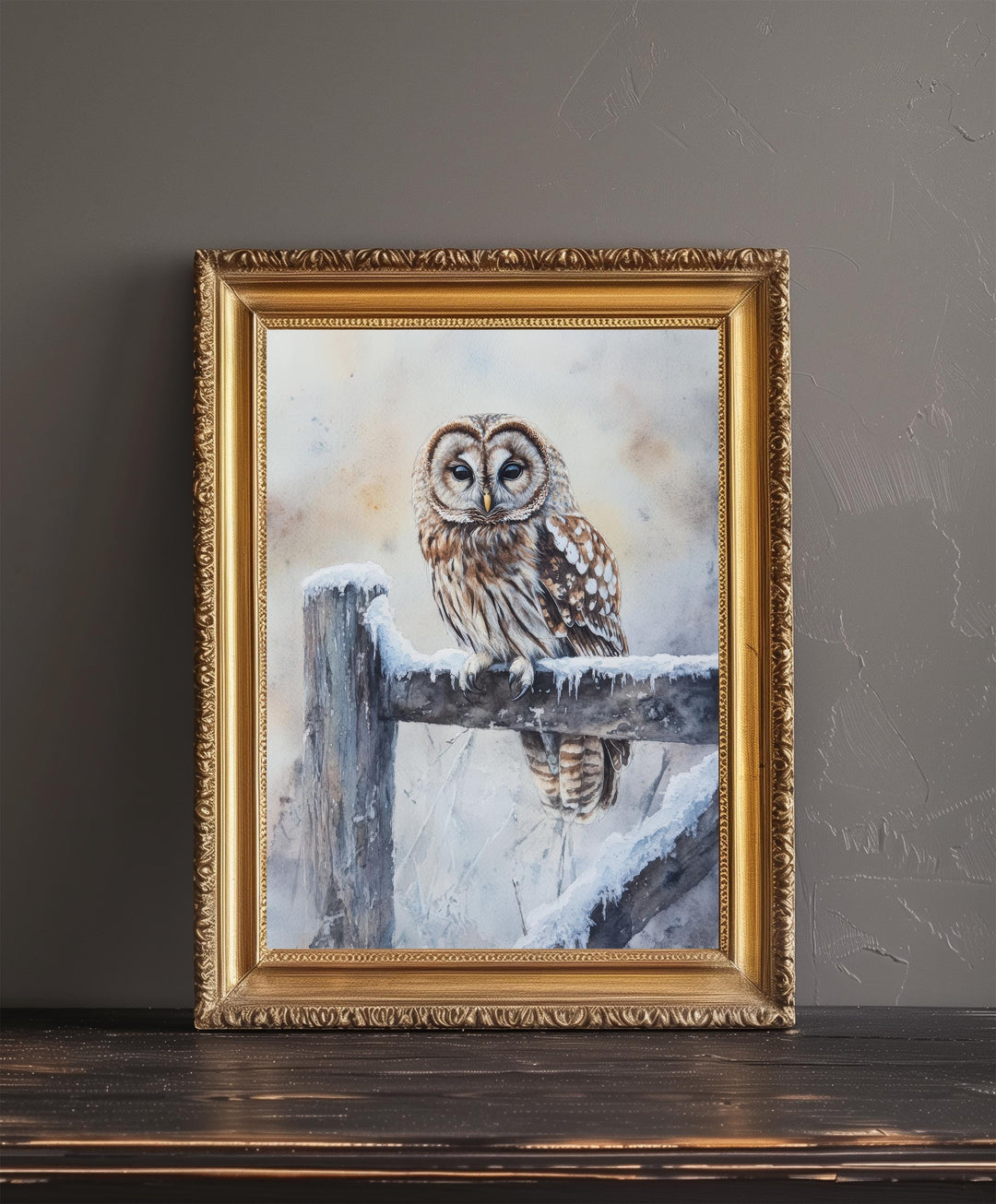 Owl on a Snowy Fence Watercolor Print Cottagecore Decor Dark Academia Art Enchanted Wildlife Illustration Vintage Nature Wall Art