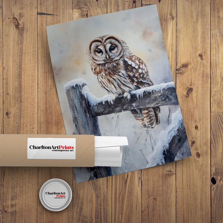 Owl on a Snowy Fence Watercolor Print Cottagecore Decor Dark Academia Art Enchanted Wildlife Illustration Vintage Nature Wall Art
