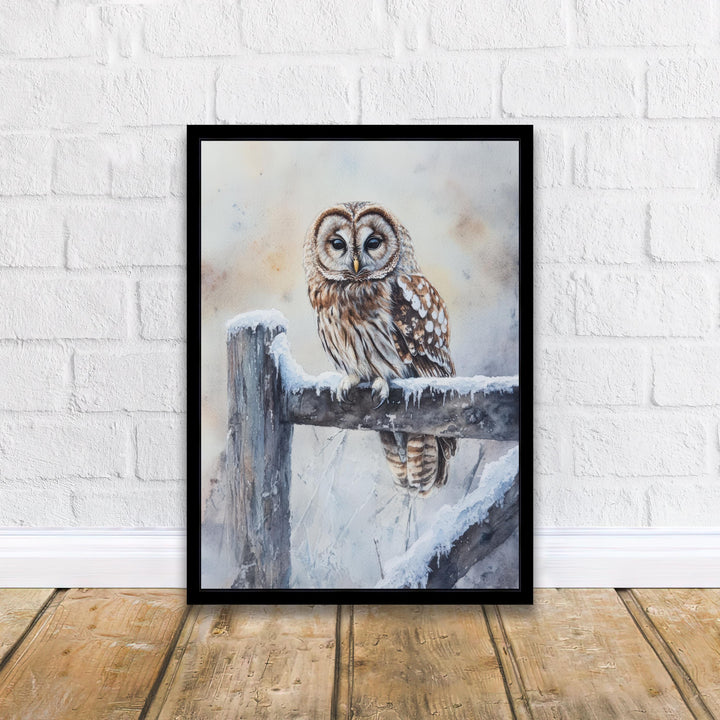 Owl on a Snowy Fence Watercolor Print Cottagecore Decor Dark Academia Art Enchanted Wildlife Illustration Vintage Nature Wall Art