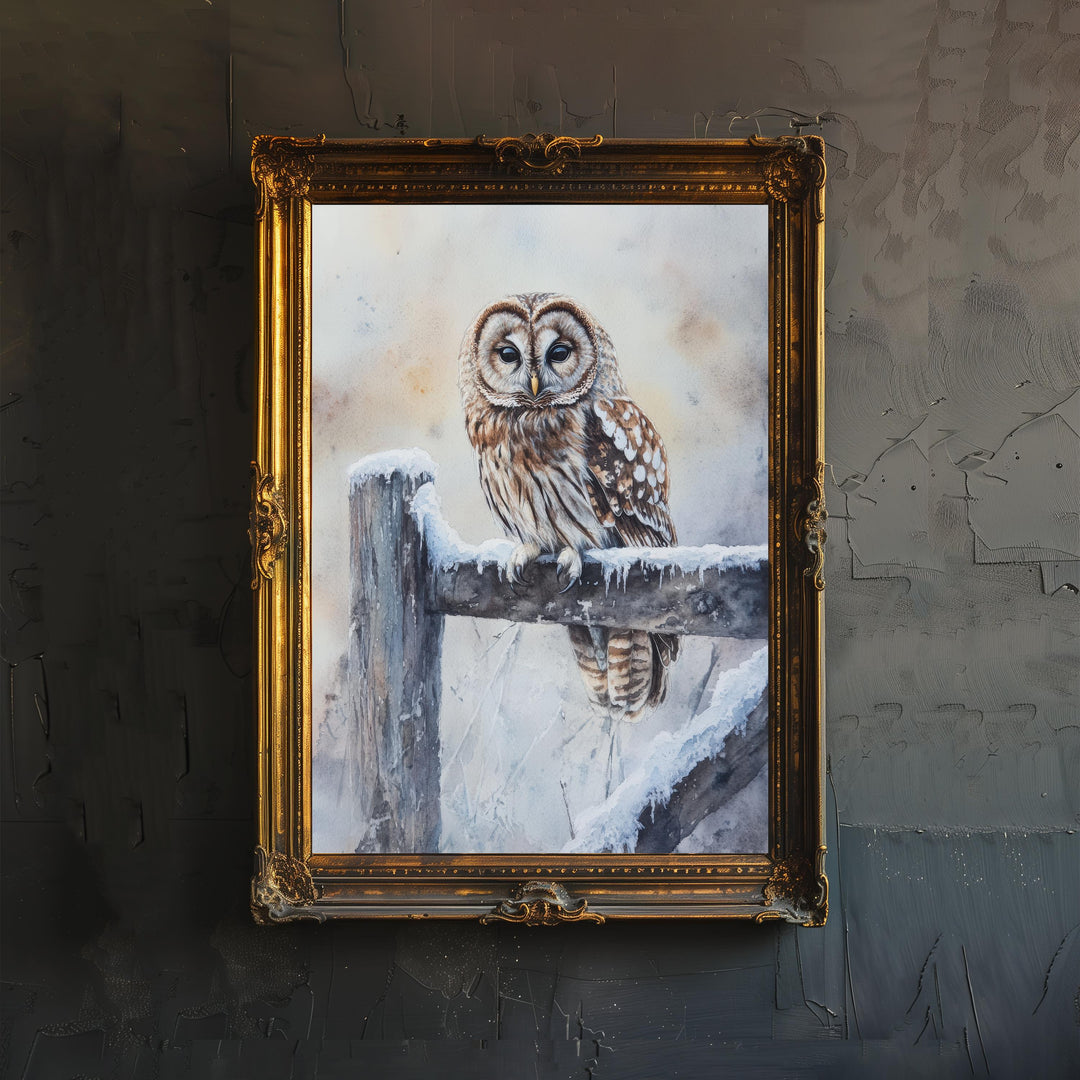 Owl on a Snowy Fence Watercolor Print Cottagecore Decor Dark Academia Art Enchanted Wildlife Illustration Vintage Nature Wall Art