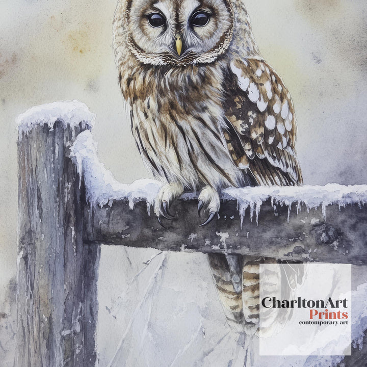 Owl on a Snowy Fence Watercolor Print Cottagecore Decor Dark Academia Art Enchanted Wildlife Illustration Vintage Nature Wall Art