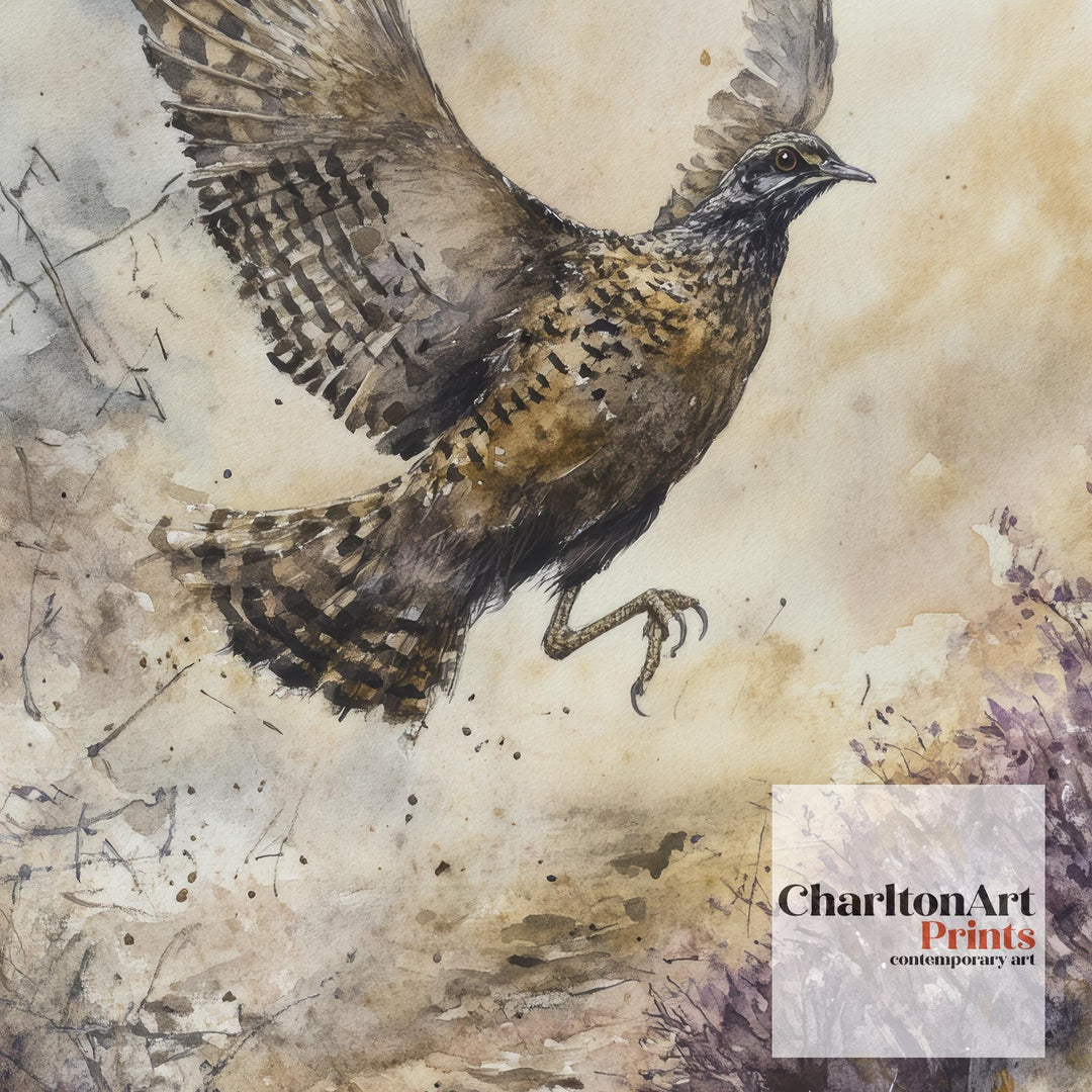 Grouse in Flight Watercolor Print Cottagecore Decor Dark Academia Art Enchanted Wildlife Illustration Vintage Nature Wall Art