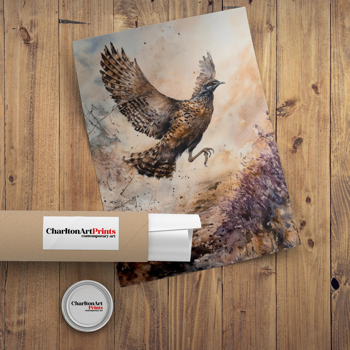 Grouse in Flight Watercolor Print Cottagecore Decor Dark Academia Art Enchanted Wildlife Illustration Vintage Nature Wall Art