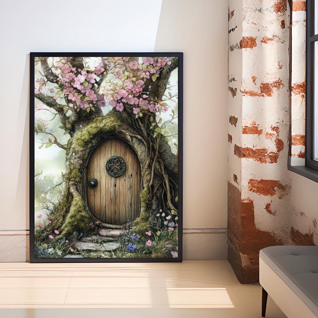 Fairy Door in a Blossoming Tree Watercolor Print Cottagecore Decor Magical Fantasy Illustration Vintage Wall Art