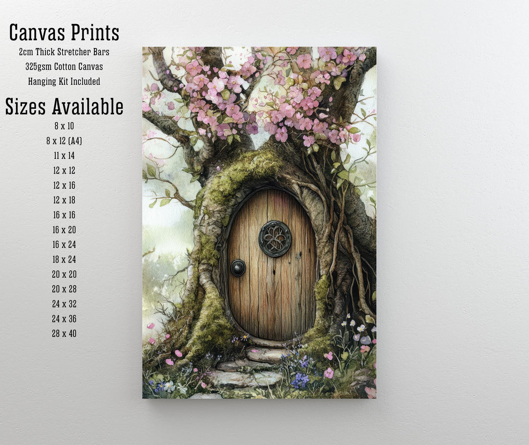 Fairy Door in a Blossoming Tree Watercolor Print Cottagecore Decor Magical Fantasy Illustration Vintage Wall Art