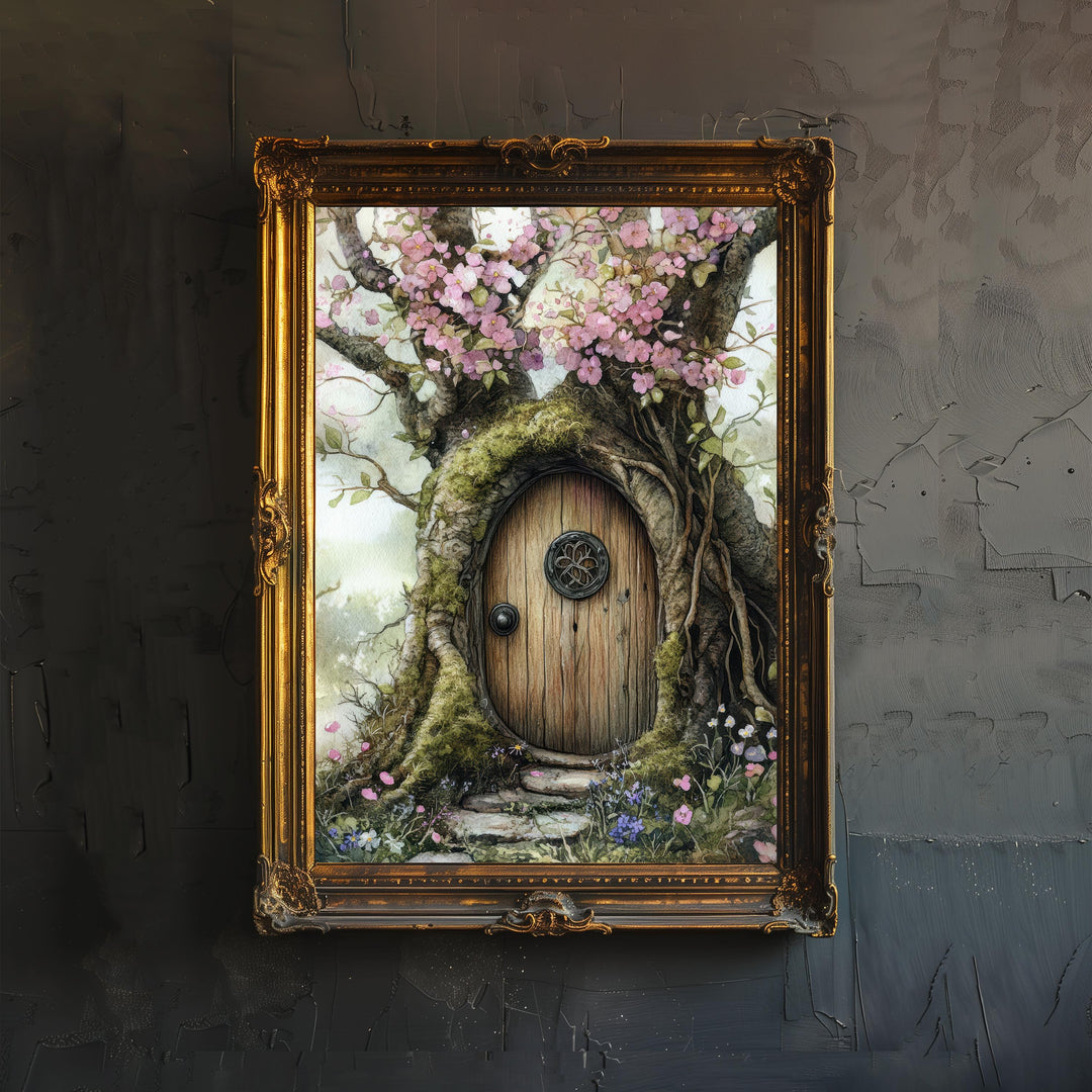 Fairy Door in a Blossoming Tree Watercolor Print Cottagecore Decor Magical Fantasy Illustration Vintage Wall Art