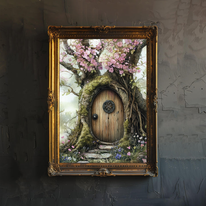 Fairy Door in a Blossoming Tree Watercolor Print Cottagecore Decor Magical Fantasy Illustration Vintage Wall Art