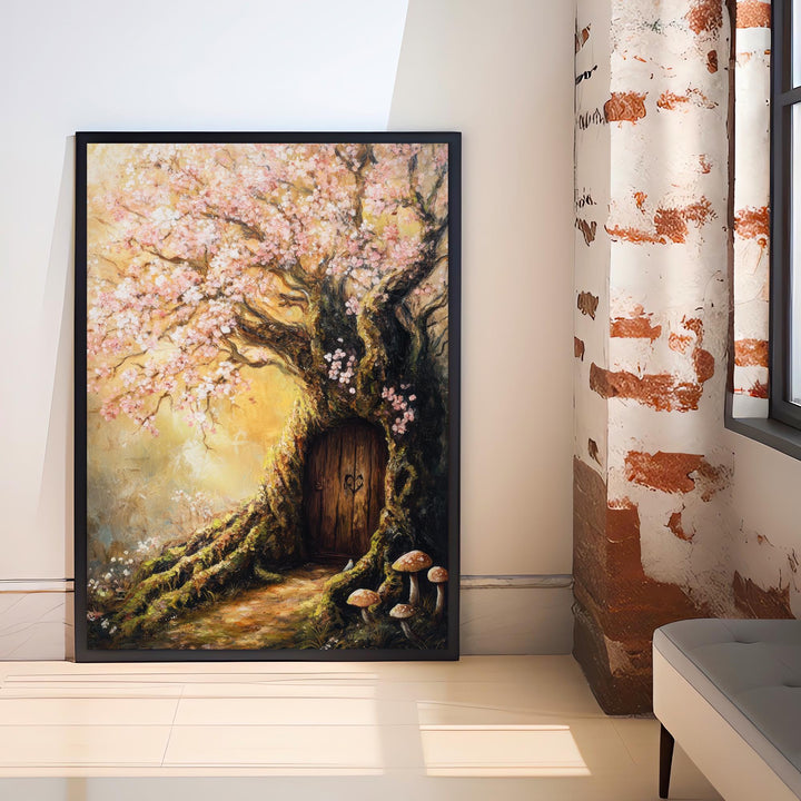 Magical Fairy Door in a Flowering Tree Print Cottagecore Decor Enchanted Fantasy Illustration Whimsical Wall Art