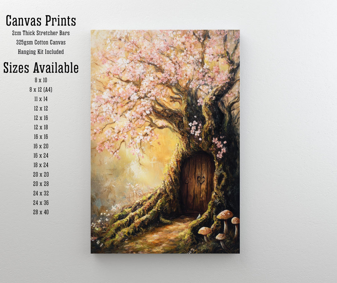 Magical Fairy Door in a Flowering Tree Print Cottagecore Decor Enchanted Fantasy Illustration Whimsical Wall Art
