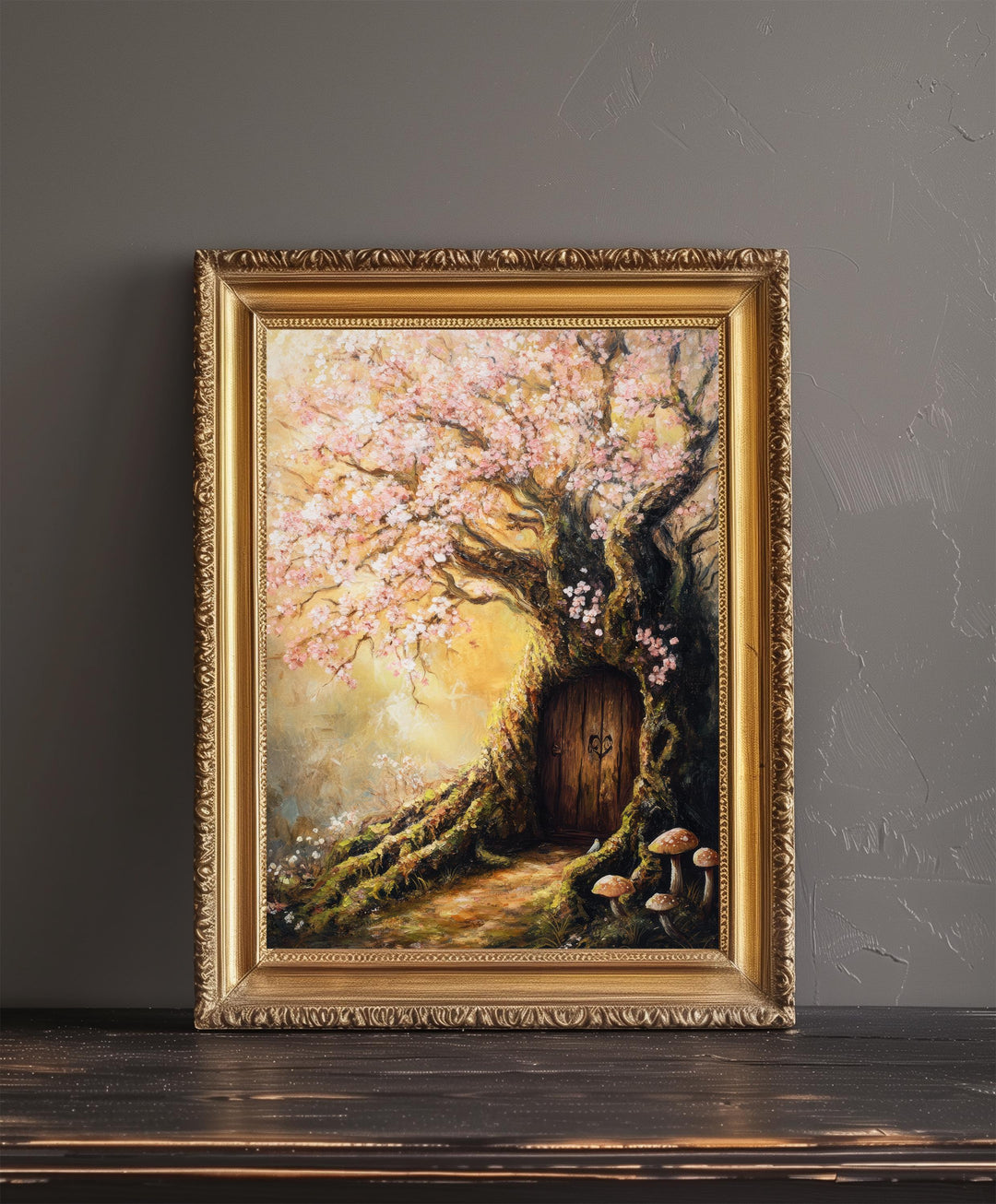 Magical Fairy Door in a Flowering Tree Print Cottagecore Decor Enchanted Fantasy Illustration Whimsical Wall Art