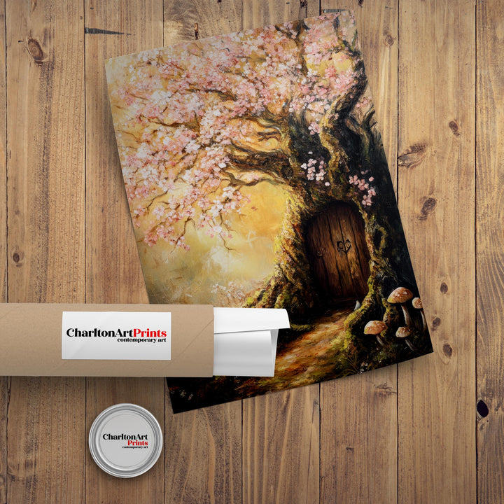 Magical Fairy Door in a Flowering Tree Print Cottagecore Decor Enchanted Fantasy Illustration Whimsical Wall Art