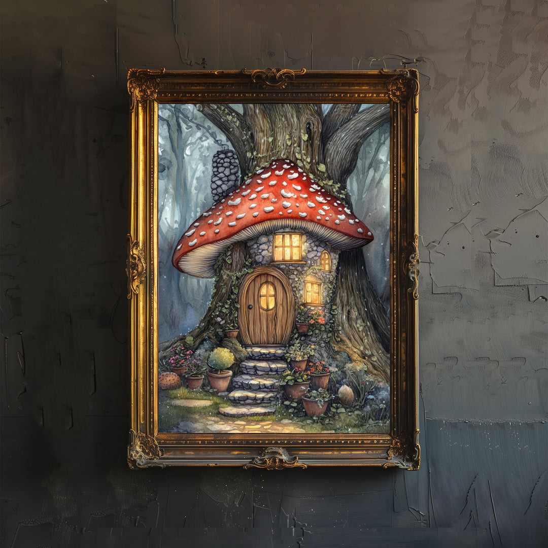 Fairy House Watercolor Print Cottagecore Decor Magical Fantasy Illustration Whimsical Forest Wall Art