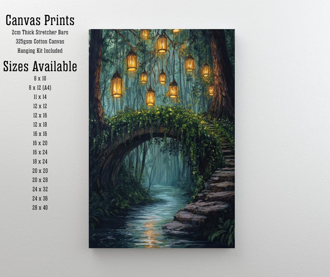 Enchanted Bridge with Lanterns Print Cottagecore Decor Dark Academia Art Magical Forest Illustration Vintage Wall Art