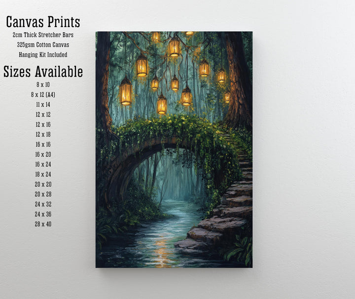 Enchanted Bridge with Lanterns Print Cottagecore Decor Dark Academia Art Magical Forest Illustration Vintage Wall Art