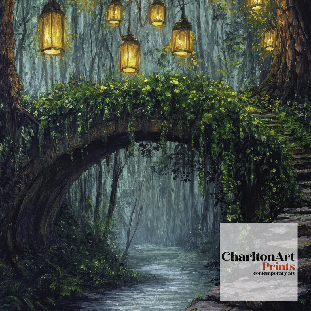 Enchanted Bridge with Lanterns Print Cottagecore Decor Dark Academia Art Magical Forest Illustration Vintage Wall Art