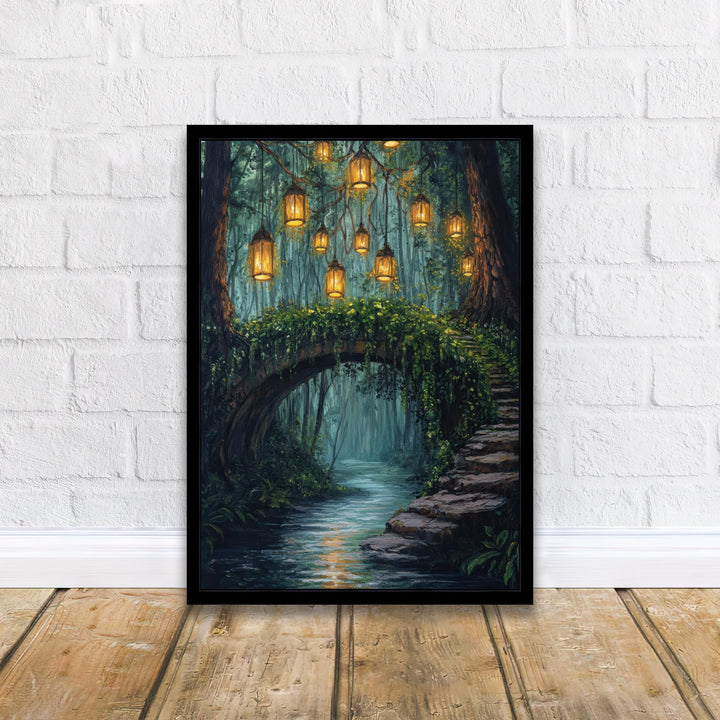 Enchanted Bridge with Lanterns Print Cottagecore Decor Dark Academia Art Magical Forest Illustration Vintage Wall Art
