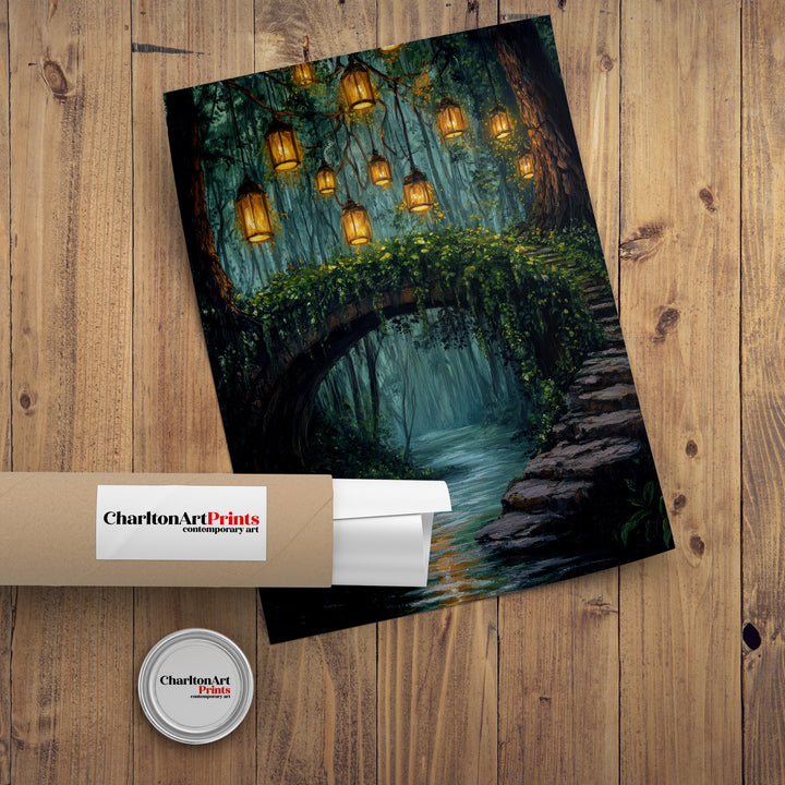 Enchanted Bridge with Lanterns Print Cottagecore Decor Dark Academia Art Magical Forest Illustration Vintage Wall Art