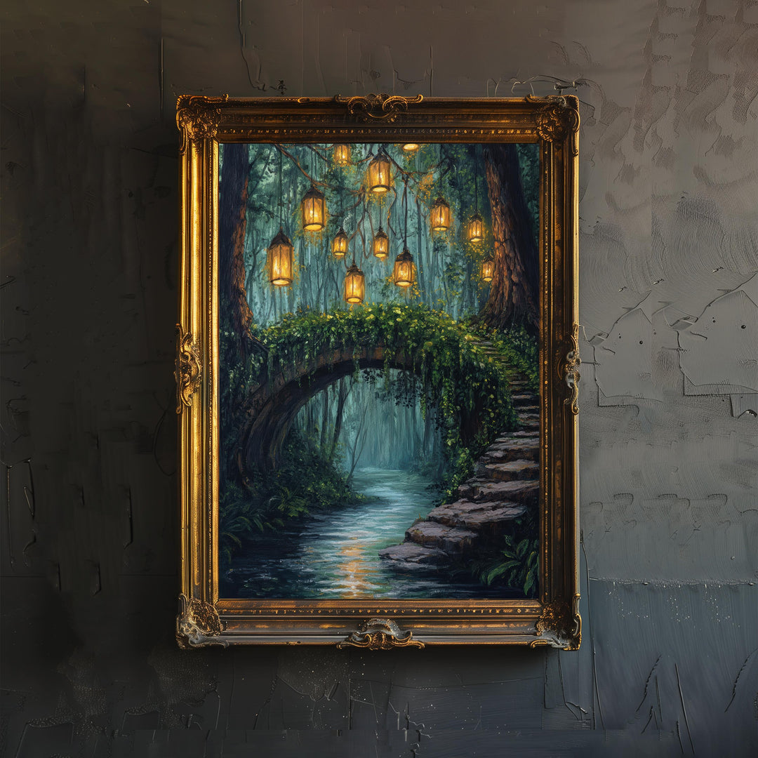 Enchanted Bridge with Lanterns Print Cottagecore Decor Dark Academia Art Magical Forest Illustration Vintage Wall Art