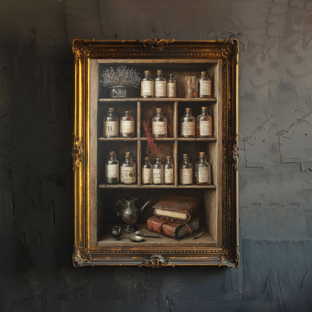 Vintage Apothecary Cabinet Print Dark Academia Art Witchy Decor Magical Herbalism Illustration Moody Wall Art