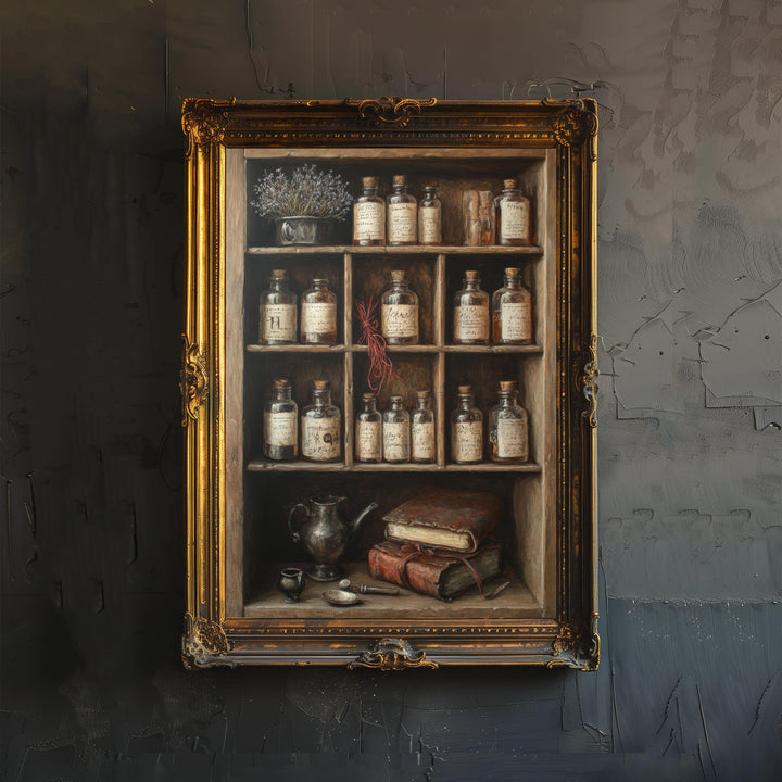 Vintage Apothecary Cabinet Print Dark Academia Art Witchy Decor Magical Herbalism Illustration Moody Wall Art
