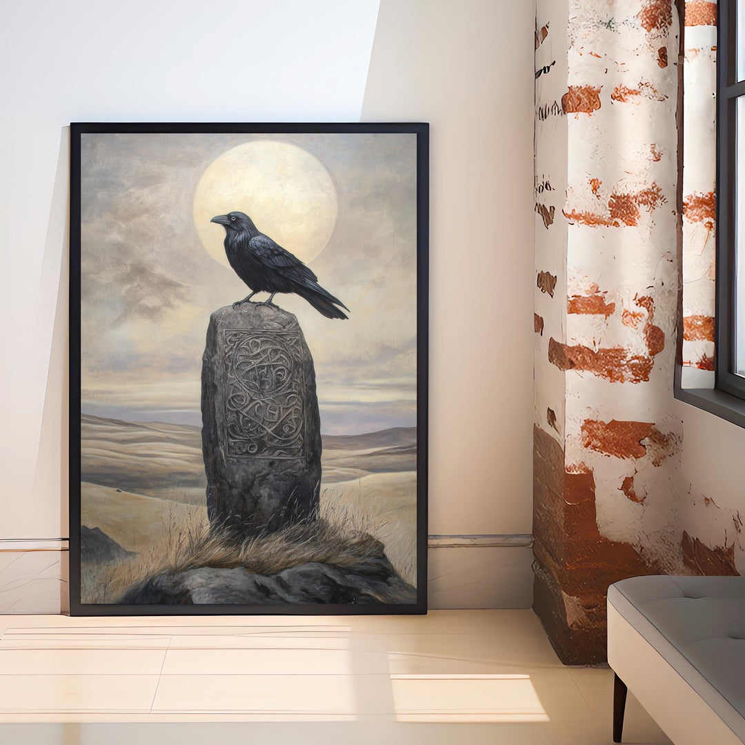 Raven on Celtic Standing Stone Print Mythical Decor Gothic Wall Art Dark Academia Art Folkloric Illustration