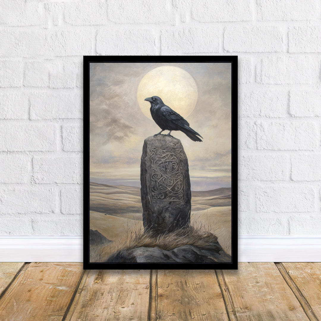Raven on Celtic Standing Stone Print Mythical Decor Gothic Wall Art Dark Academia Art Folkloric Illustration