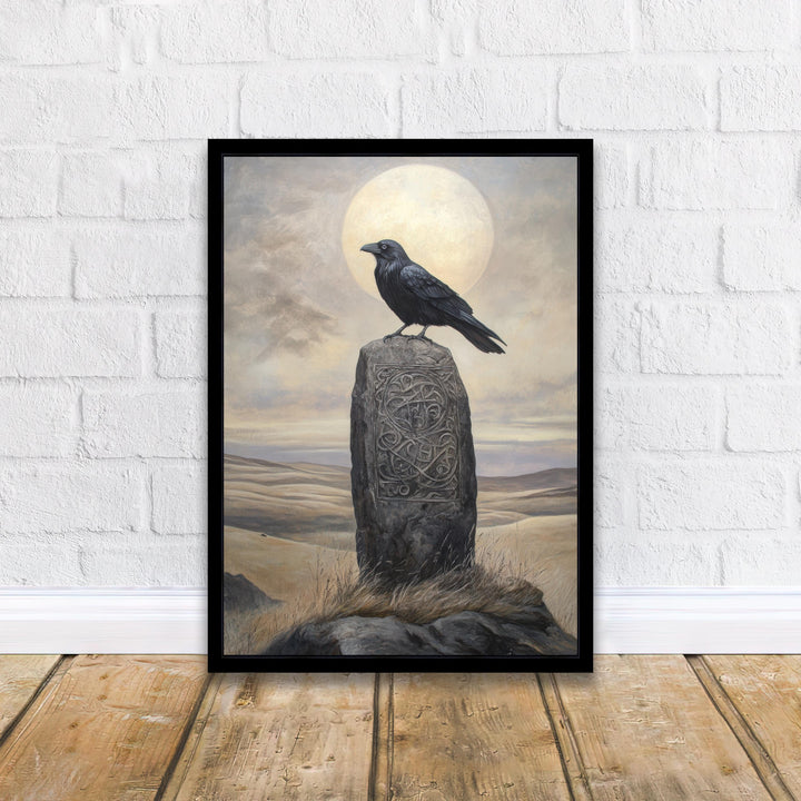 Raven on Celtic Standing Stone Print Mythical Decor Gothic Wall Art Dark Academia Art Folkloric Illustration