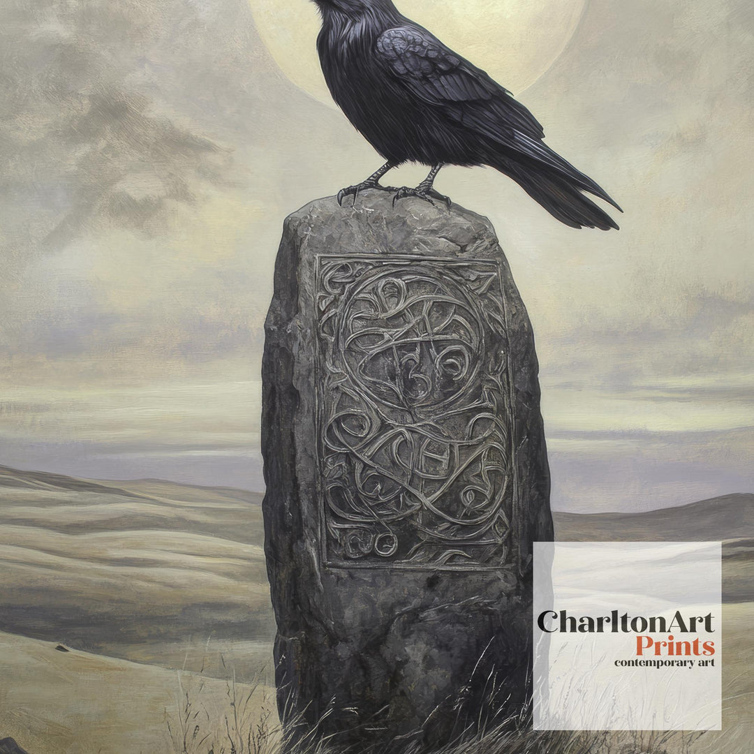 Raven on Celtic Standing Stone Print Mythical Decor Gothic Wall Art Dark Academia Art Folkloric Illustration