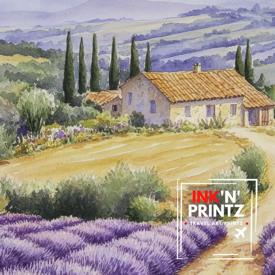 Provence France Watercolor Poster Painting Wall Art Lavender Field Print Scenic Landscape Decor Gift for Europe Lovers and Fans of French