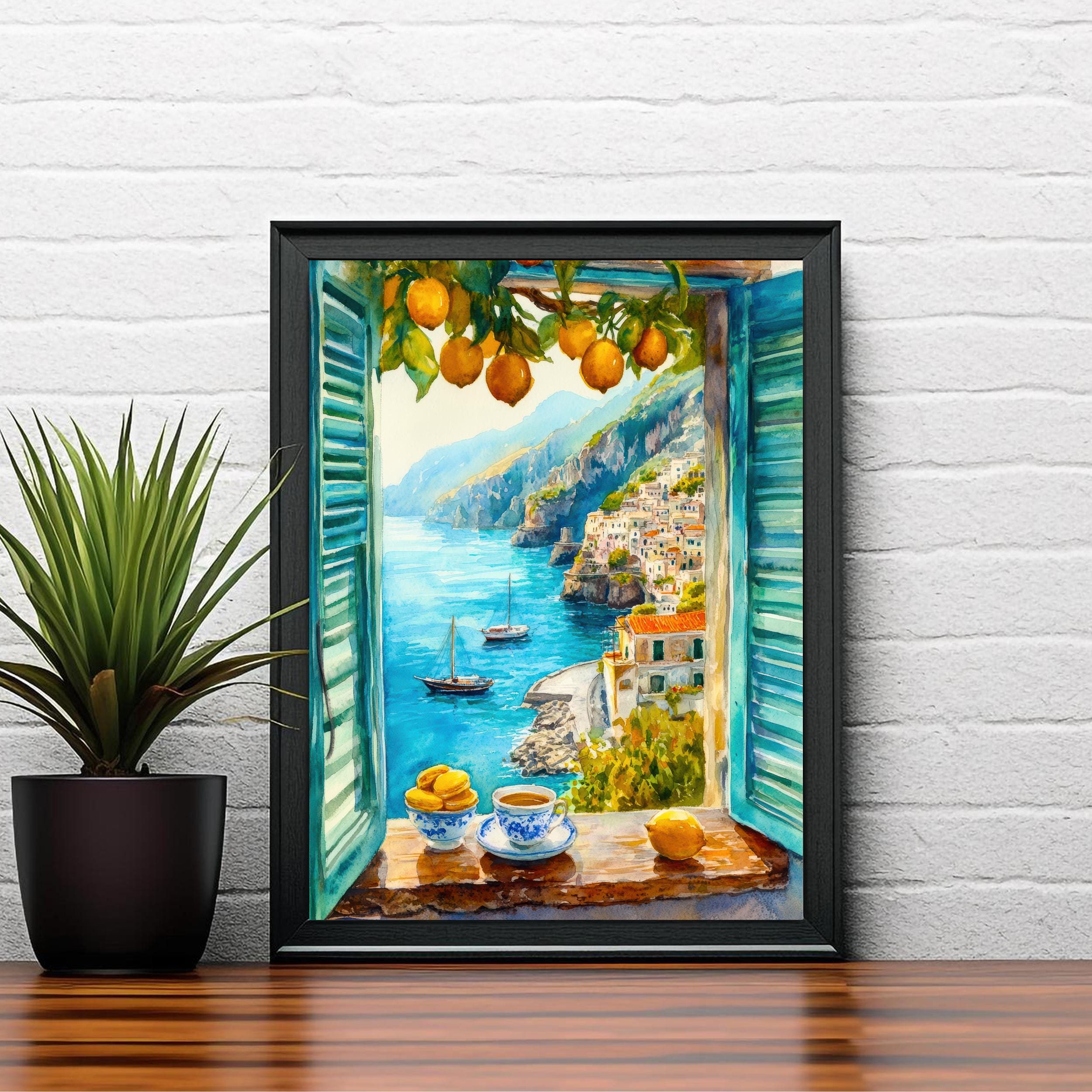 Amalfi Coast Watercolor Painting Poster Italy Wall Art Mediterranean Coastal Print Scenic Landscape Decor Gift for Europe Lovers and Italian