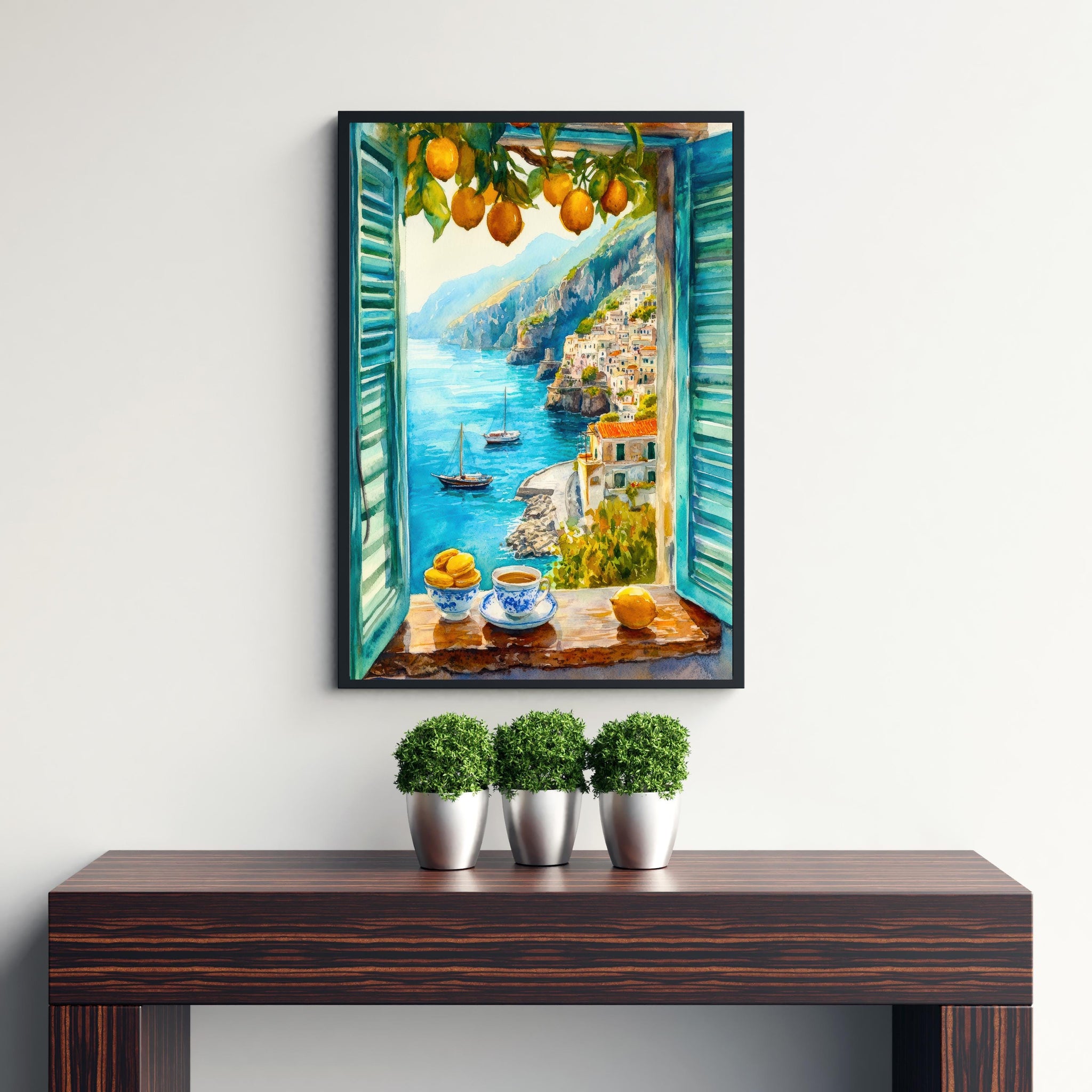 Amalfi Coast Watercolor Painting Poster Italy Wall Art Mediterranean Coastal Print Scenic Landscape Decor Gift for Europe Lovers and Italian