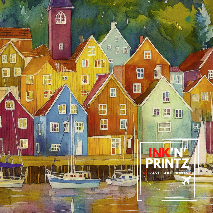 Bergen Watercolor Travel Poster Painting Norway Wall Art Scandinavian City Print Bryggen Harbour Decor Gift for Europe Lovers and Nordic
