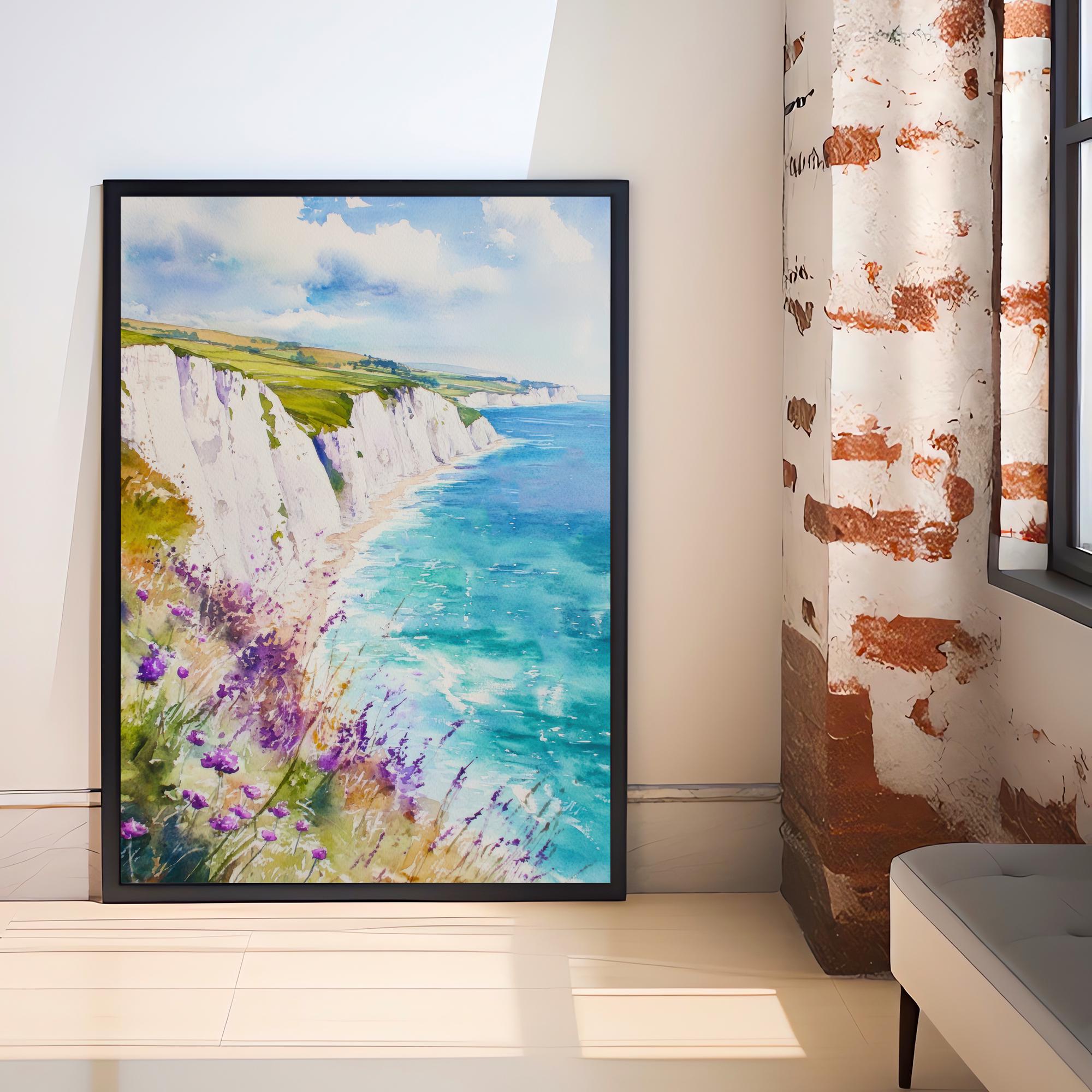 Isle of Wight Watercolor Painting Poster England Wall Art Coastal Landscape Print Gift for UK Beach Lovers and Fans of Scenic British Island